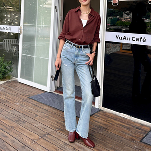 中高腰纯棉无弹极简风长裤 女 微喇叭牛仔裤 高端修身 司林 法式