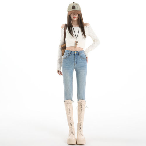 浅色牛仔裤女春秋新品2026皮牌设计感高腰弹力紧身显瘦小脚铅笔裤