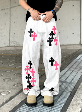 美式高街十字架印花白色牛仔裤男款个性设计感加肥加大宽松直筒裤