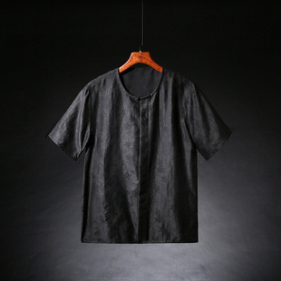 香云纱男装高级感夏季t恤宽松大码男士短袖开衫圆领设计感上衣男