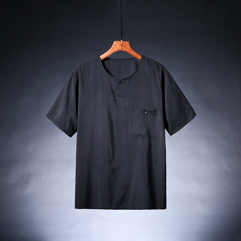 桑蚕丝男装中国风2024夏季新款短袖T恤男纯色亚麻上衣国风爸爸装