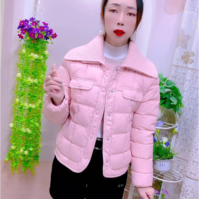 针织大翻领拼接棉衣棉服短款外套