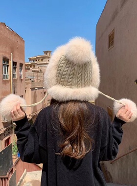 凯豪硕齐狐狸毛皮草雷锋帽女士冬季针织毛线帽可爱护耳保暖女帽