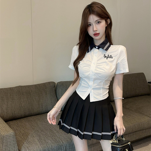 鱼骨小上衣衬衣 学院风Polo领jk制服短袖 衬衫 女夏季 纯欲甜辣妹短款