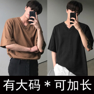 上新#男款V领短袖T恤宽松休闲纯棉弹力#加肥加大码#可加长可特大