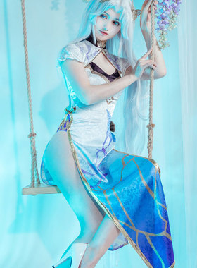 貂蝉旗袍cos服御姐仲夏夜之梦cosplay性感服装女动漫周边服装蓝色