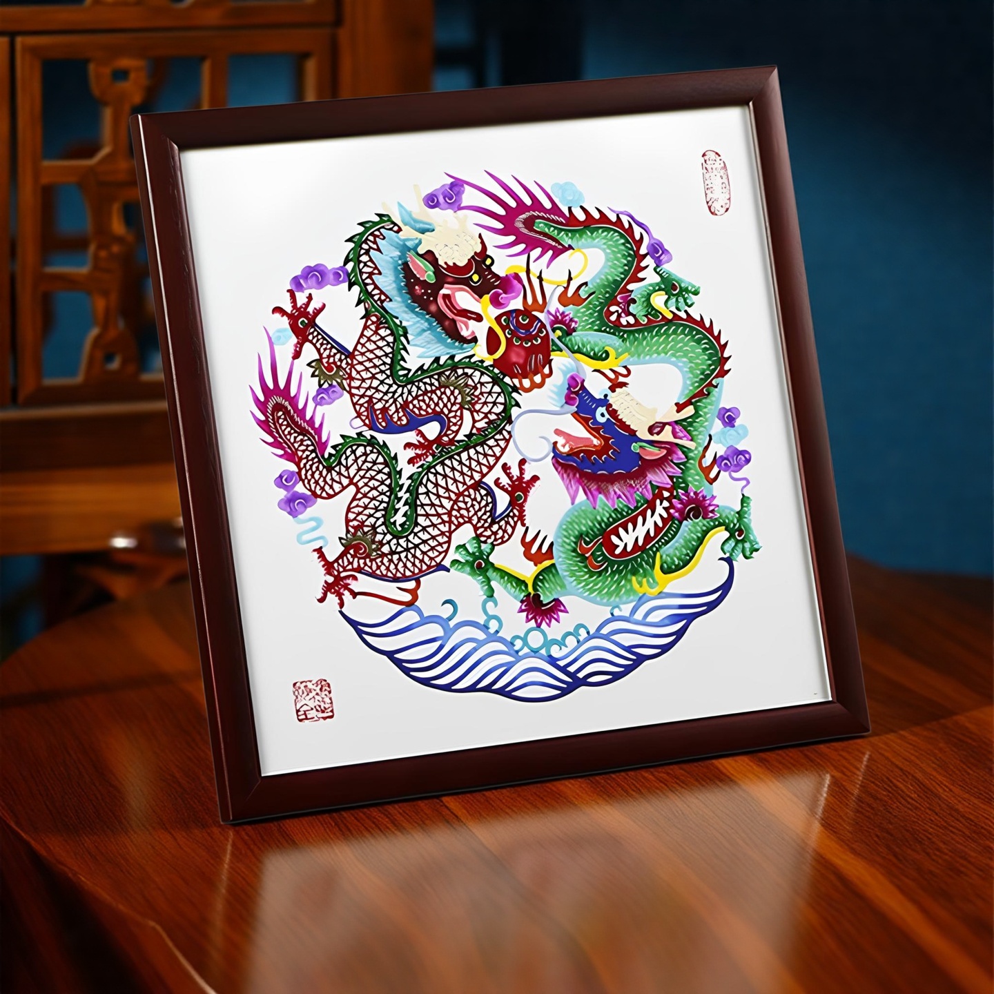 中国特色剪纸定制设计手工剪纸作品双龙戏珠中国风马年剪纸送老外