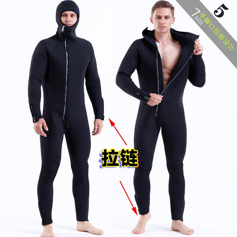 5/7mm氯丁橡胶潜水服保暖御寒前开拉链连体渔民防寒潜水风衣带帽