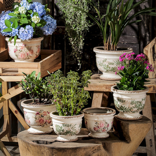 陶瓷复古田园风花盆室内法式美式