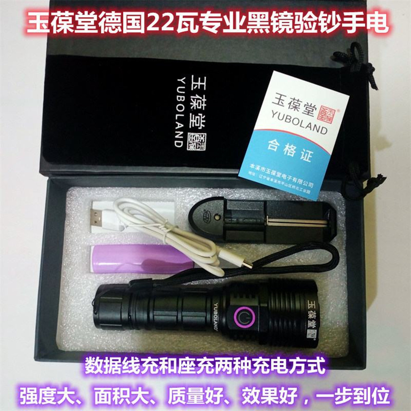 德国22瓦荧光手电筒紫光验钞灯充电便携钱币防伪玉石瓷器纸币检测