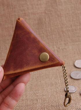 新款欧美手工复古男女真皮小硬币包钥匙包三角头层牛皮零钱包定制