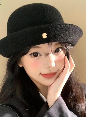 黑色毛呢卷边渔夫帽女春秋日系复古显脸小盆帽优雅气质礼帽子
