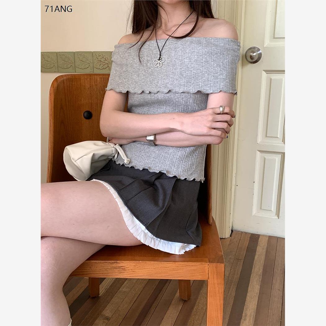 薇颂灰色一字肩短袖针织衫女夏季2025新款韩版设计感修身显瘦上衣