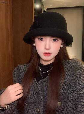 法式赫本风黑色蝴蝶结礼帽女冬季高级感盆帽优雅气质千金渔夫帽子