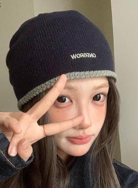 日系秋冬复古拼色针织堆堆帽男女街头休闲痞帅保暖护耳毛线帽冷帽