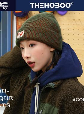 原创小布标毛线帽女秋冬保暖针织帽男帽子冷帽显脸小双层色个性帽