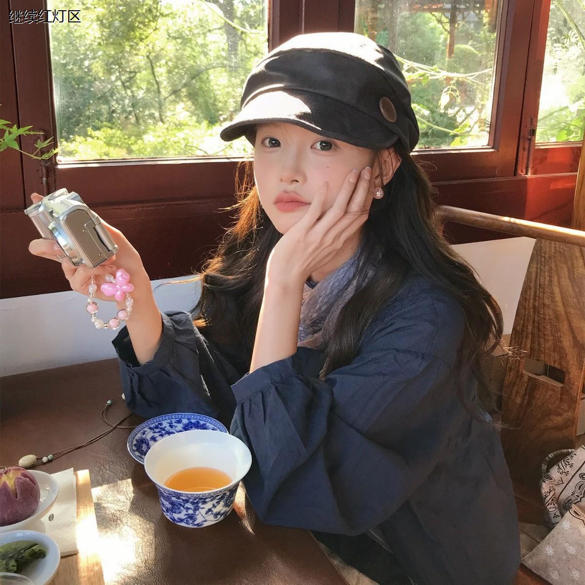 『高品质』日系纽扣带帽檐贝雷帽子女2025新款秋冬季报童帽画家帽
