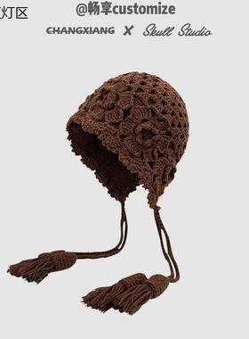 川西旅游废土风手工钩织针织帽镂空花朵流苏包头帽蕾丝大号大码