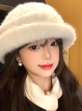韩国法式赫本风白色礼帽女冬季贵气兔毛千金风毛绒渔夫帽气质保暖