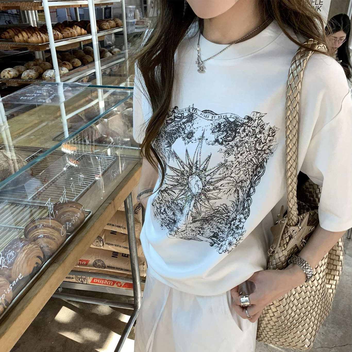 复古印花烫钻宽松短袖t恤女装夏季新款显瘦百搭休闲圆领套头上衣
