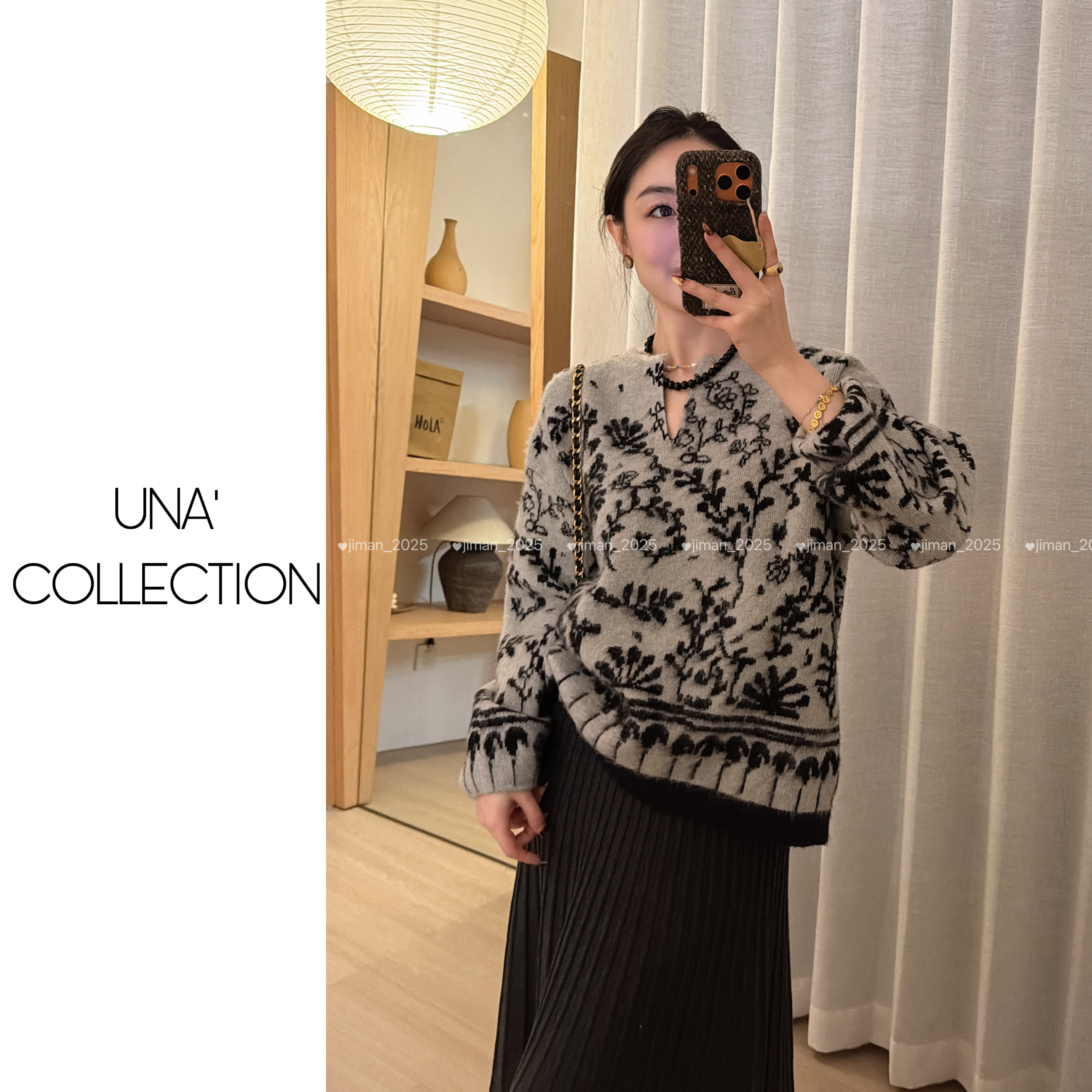 【吉满】自制款加厚V领长毛拉绒复古提花软糯毛衣JM2980