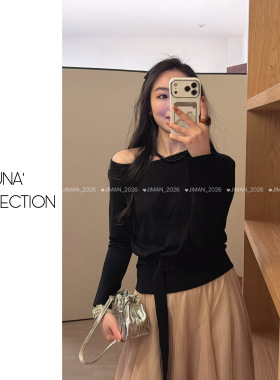 【吉满】韩系基础斜肩细羊毛收腰绑带小心机显瘦针织衫JM3089