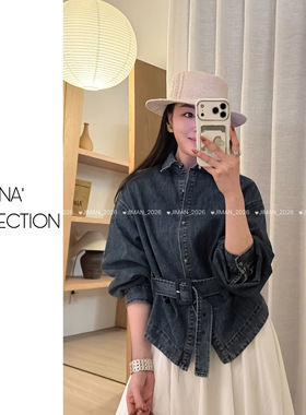 【吉满】翻领收腰系带经典复古牛仔衬衣薄外套JM3078