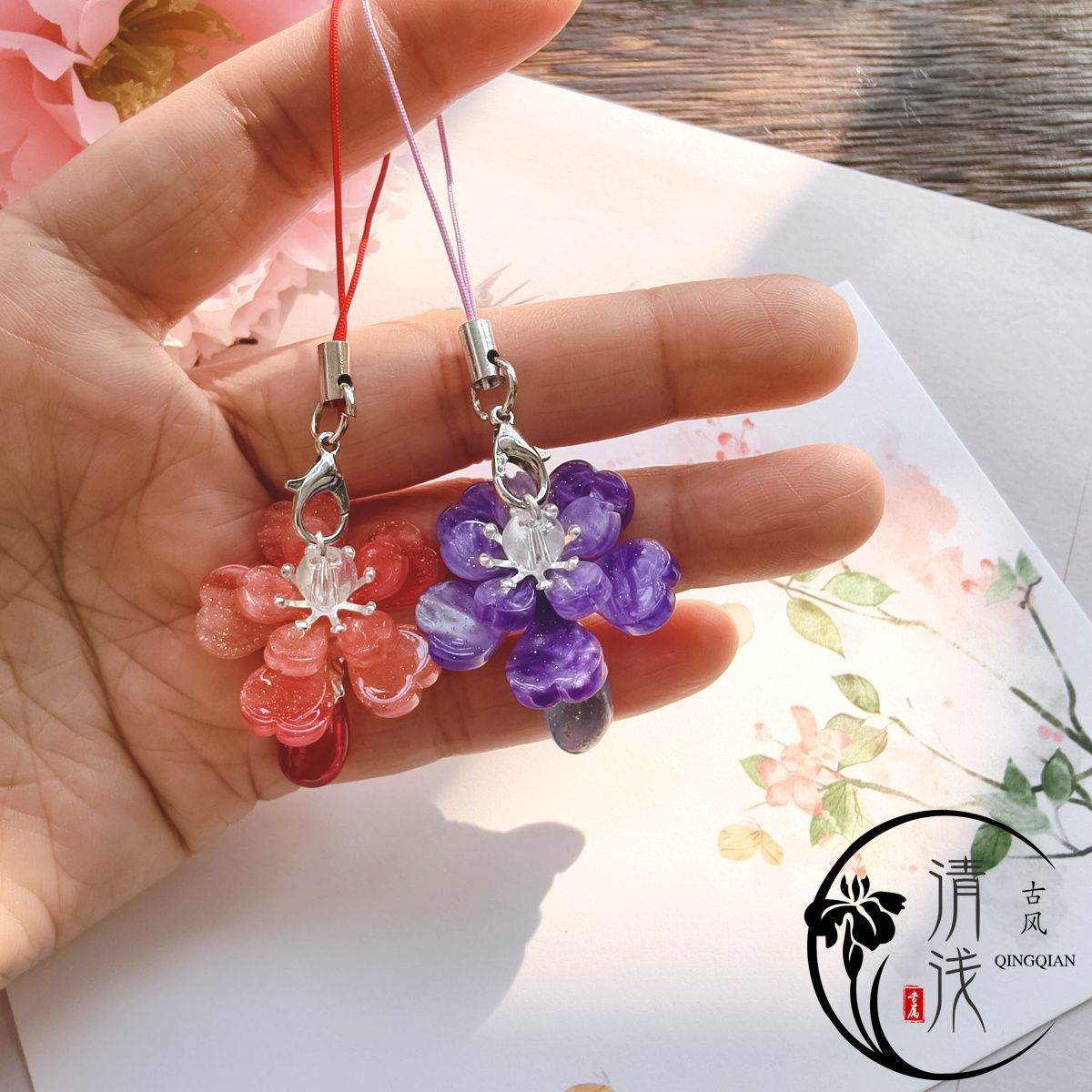 新品二哈和他的白猫师尊衍生双层渐变海棠花手机挂件手机链包挂