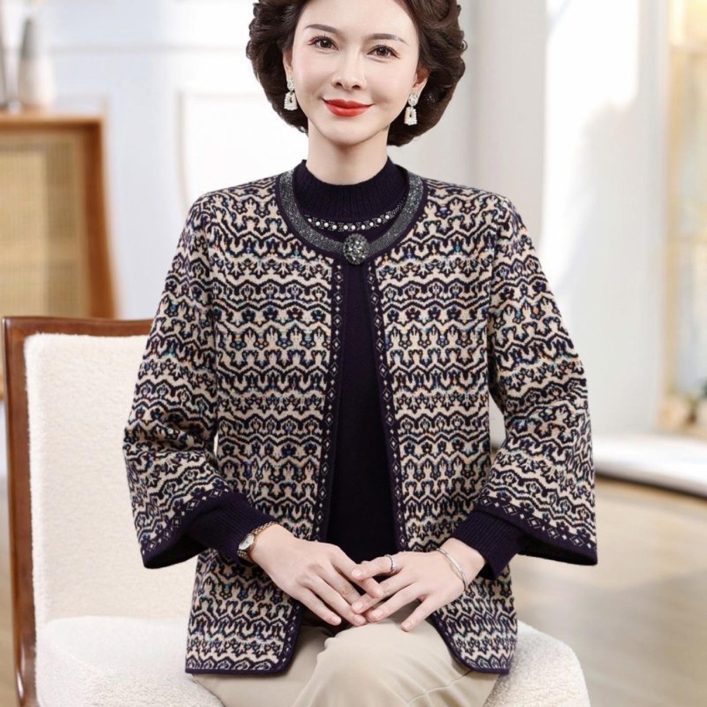 秋冬季女式针织上衣两件套中老年