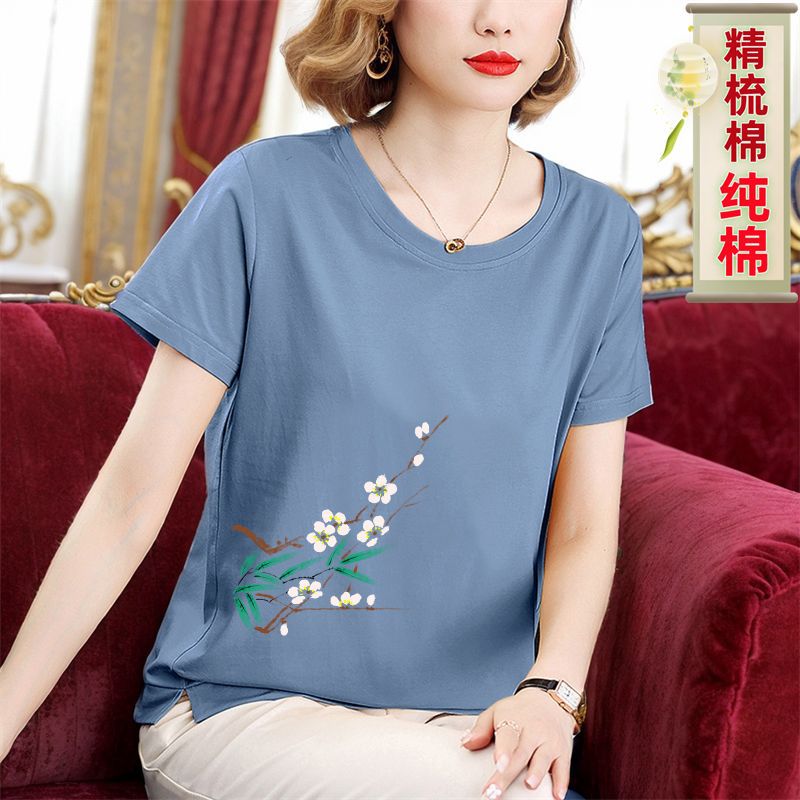 妈妈夏装纯棉短袖上衣女夏大码