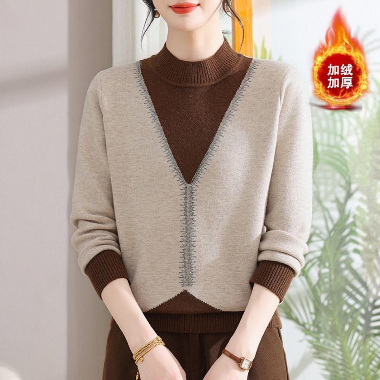 冬季妈妈装加绒毛衣加厚中年女士针织衫圆领一体绒洋气婆婆保新款