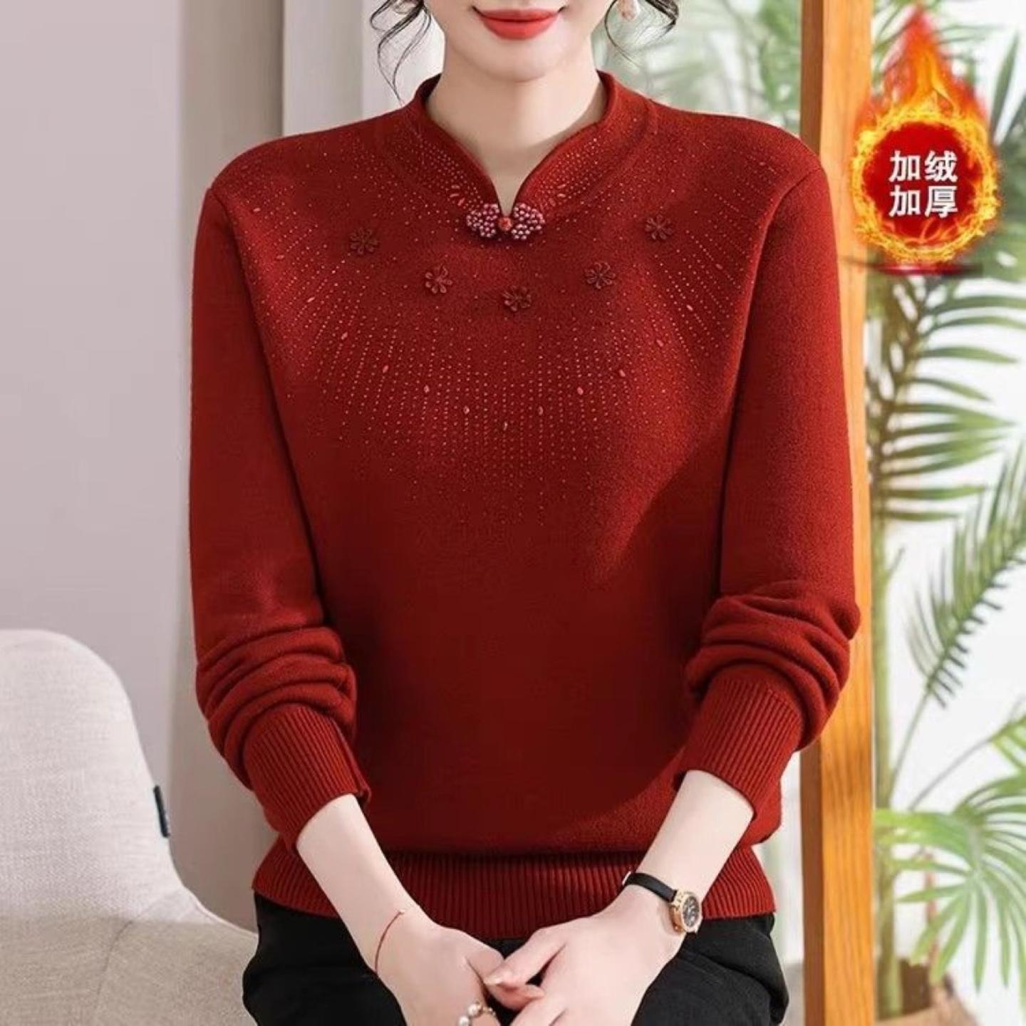 冬季加绒妈妈毛衣圆领加厚中年