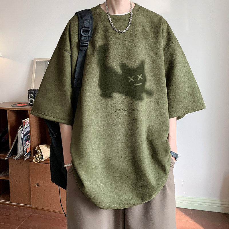 麂皮小猫印花短袖T恤男2025新款重磅体恤衫休闲宽松潮流五分半袖
