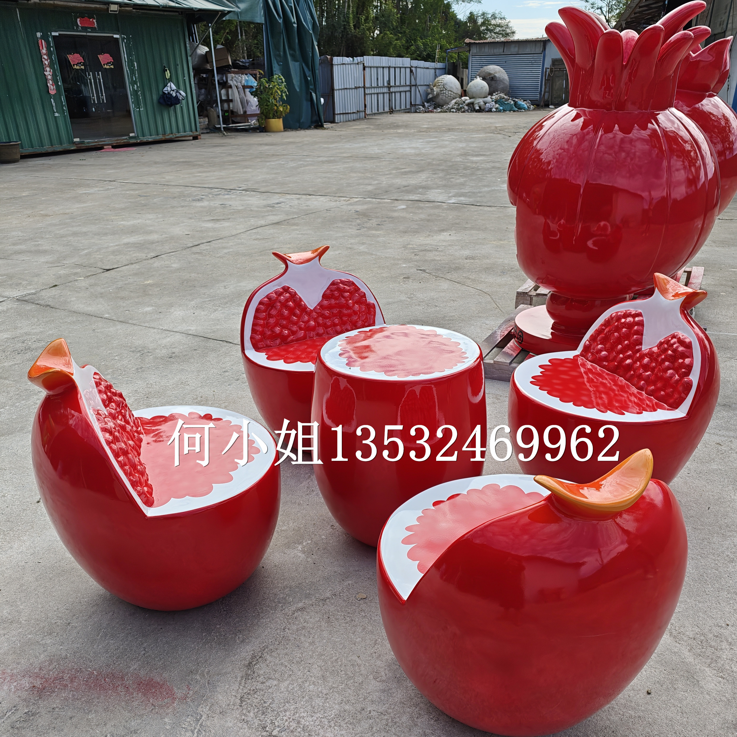 酒店美陈定制大型石榴籽桌凳雕塑玻璃钢榴莲坐凳水果座椅橙子摆件