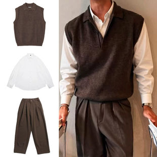 复古港风高级感套装男士老钱风针织马甲男款美式时尚毛衣背心叠穿