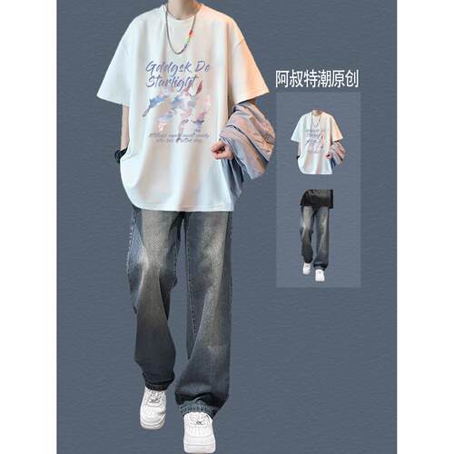 美式纯棉短袖t恤男生酷帅穿搭套装夏季ins潮流青少年男装一套搭配