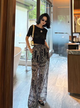 Theloe高端天丝亚麻花裤子女夏季新款碎花阔腿休闲裤苎麻印花长裤