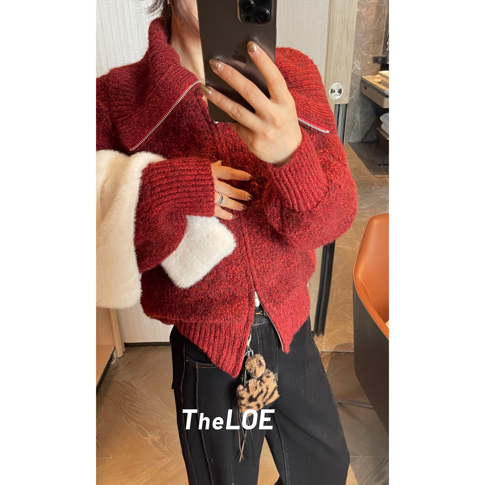 骆衣衣TheLOE/863-868g克重 绵羊毛翻领双头拉链圈毛针织开衫