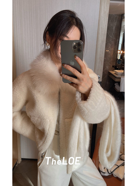 骆衣衣TheLOE/853g重磅全羊毛拉链狐狸毛领减龄外套