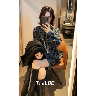 拉毛豹纹套装 骆衣衣TheLOE 羊绒羊毛圆领百搭休闲上衣短裤