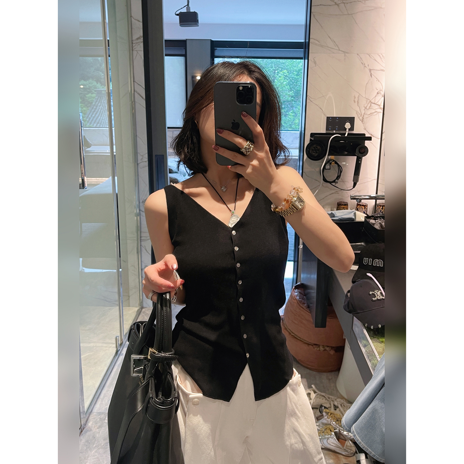 单排扣羊毛针织吊带背心简约时尚