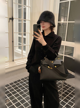 骆衣衣TheLOE/百分百绵羊毛高领百搭方形扣气质慵懒感针织衫