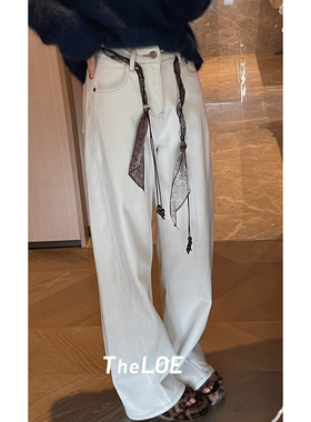 骆衣衣TheLOE/棉质高腰显瘦显瘦系带配丝巾直筒阔腿牛仔裤