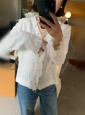 骆衣衣TheLOE/天丝亚麻法式复古肌理感衬衫V领荷叶边刺绣衬衣
