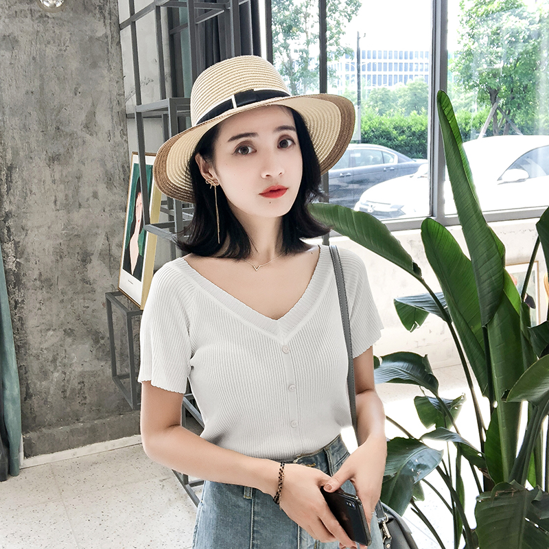2018夏季新款冰丝针织衫女短袖紧身显瘦chic港味复古V领短款上衣