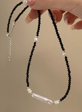 不规则珍珠黑色水晶项链女设计感小众复古个性简约百搭颈链锁骨链