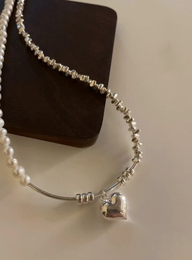 碎银子珍珠拼接爱心项链女小众设计感个性简约百搭气质颈链锁骨链