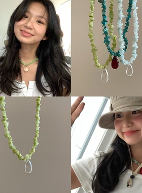 韩国博主fever同款不规则彩色天然石串珠水滴项链女颈链锁骨链