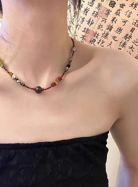 小众设计手工彩色串珠项链女复古个性简约百搭气质时尚颈链锁骨链