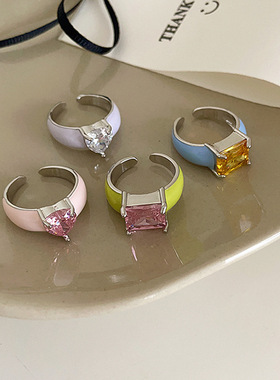 彩色锆石滴油爱心开口戒指女韩国小众复古个性简约百搭气质指环